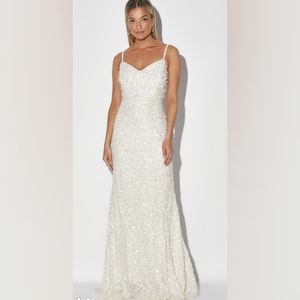 Lulu's At Last White Sequin Mermaid Maxi Dress